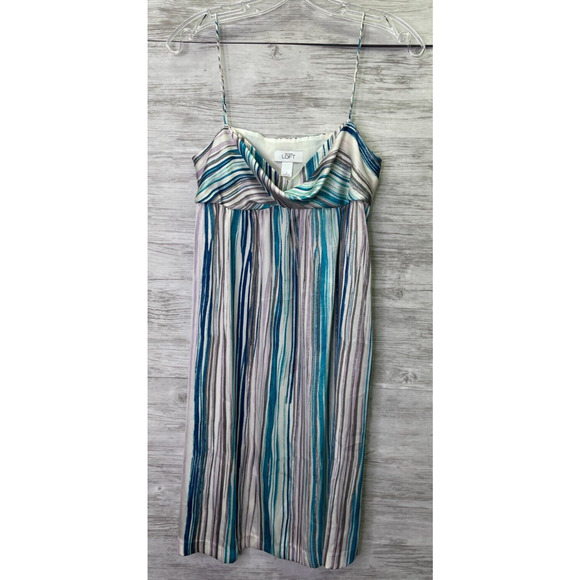 LOFT Dress 2 Womens Spaghetti Strap White Blue Striped Satin V Neck Lined - Picture 1 of 12